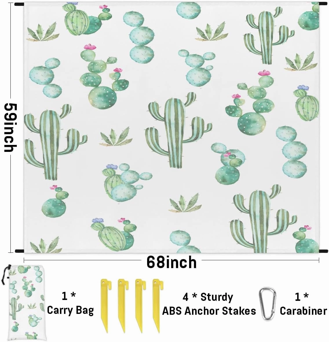 Tropical Cactus Beach Blanket, Sandproof Beach Mat, 68 x 59 Waterproof Quick Drying Sand Free Mat with 4 x Ground Spikes for Outdoor Travel Camping Hiking, Succulent Plant