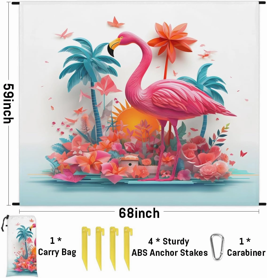 Tropical Flamingo Beach Blanket, Sandproof Beach Mat, 68 x 59 Waterproof Quick Drying Sand Free Mat with 4 x Ground Spikes for Outdoor Travel Camping Hiking, Animal