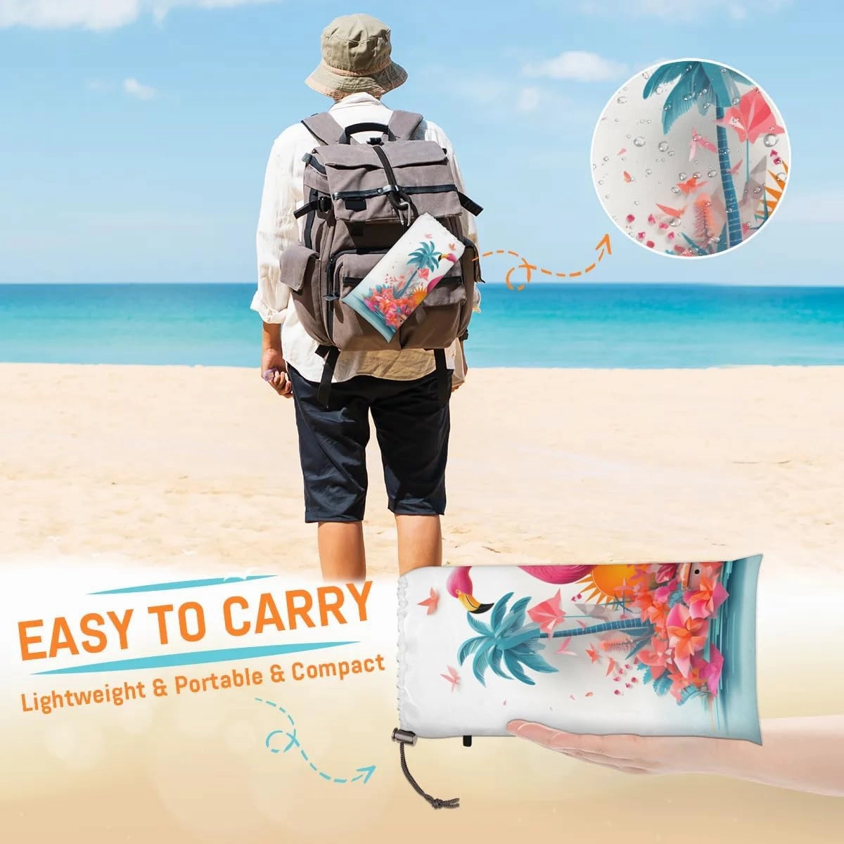Tropical Flamingo Beach Blanket, Sandproof Beach Mat, 68 x 59 Waterproof Quick Drying Sand Free Mat with 4 x Ground Spikes for Outdoor Travel Camping Hiking, Animal