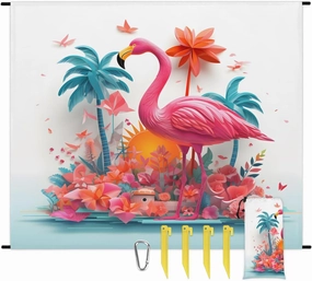 Tropical Flamingo Beach Blanket, Sandproof Beach Mat, 68 x 59 Waterproof Quick Drying Sand Free Mat with 4 x Ground Spikes for Outdoor Travel Camping Hiking, Animal