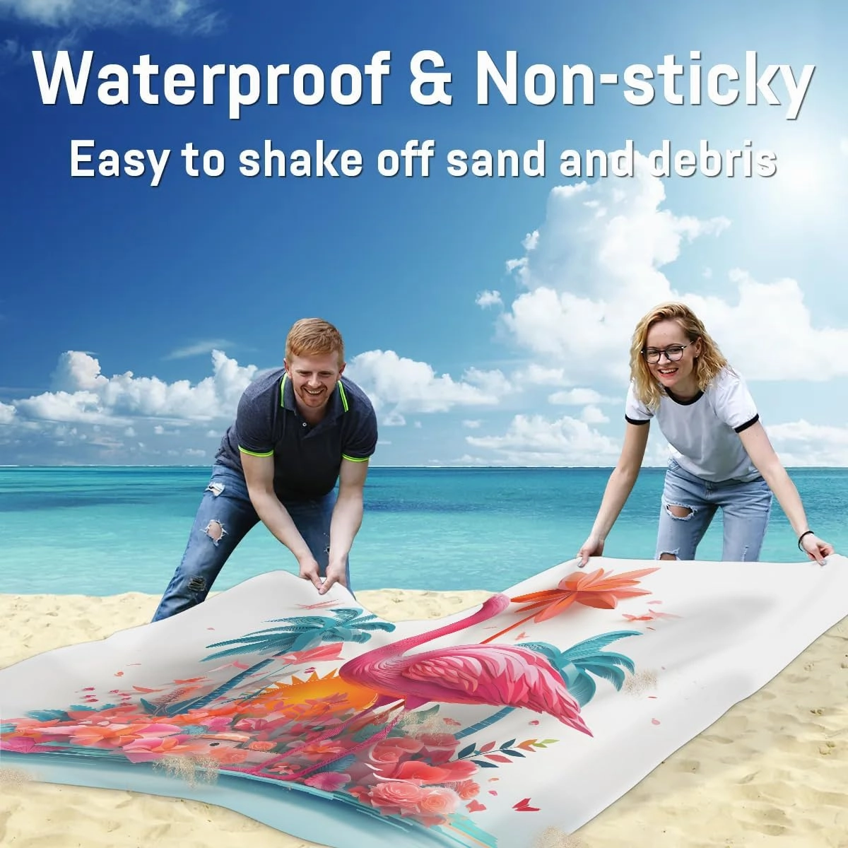 Tropical Flamingo Beach Blanket, Sandproof Beach Mat, 68 x 59 Waterproof Quick Drying Sand Free Mat with 4 x Ground Spikes for Outdoor Travel Camping Hiking, Animal