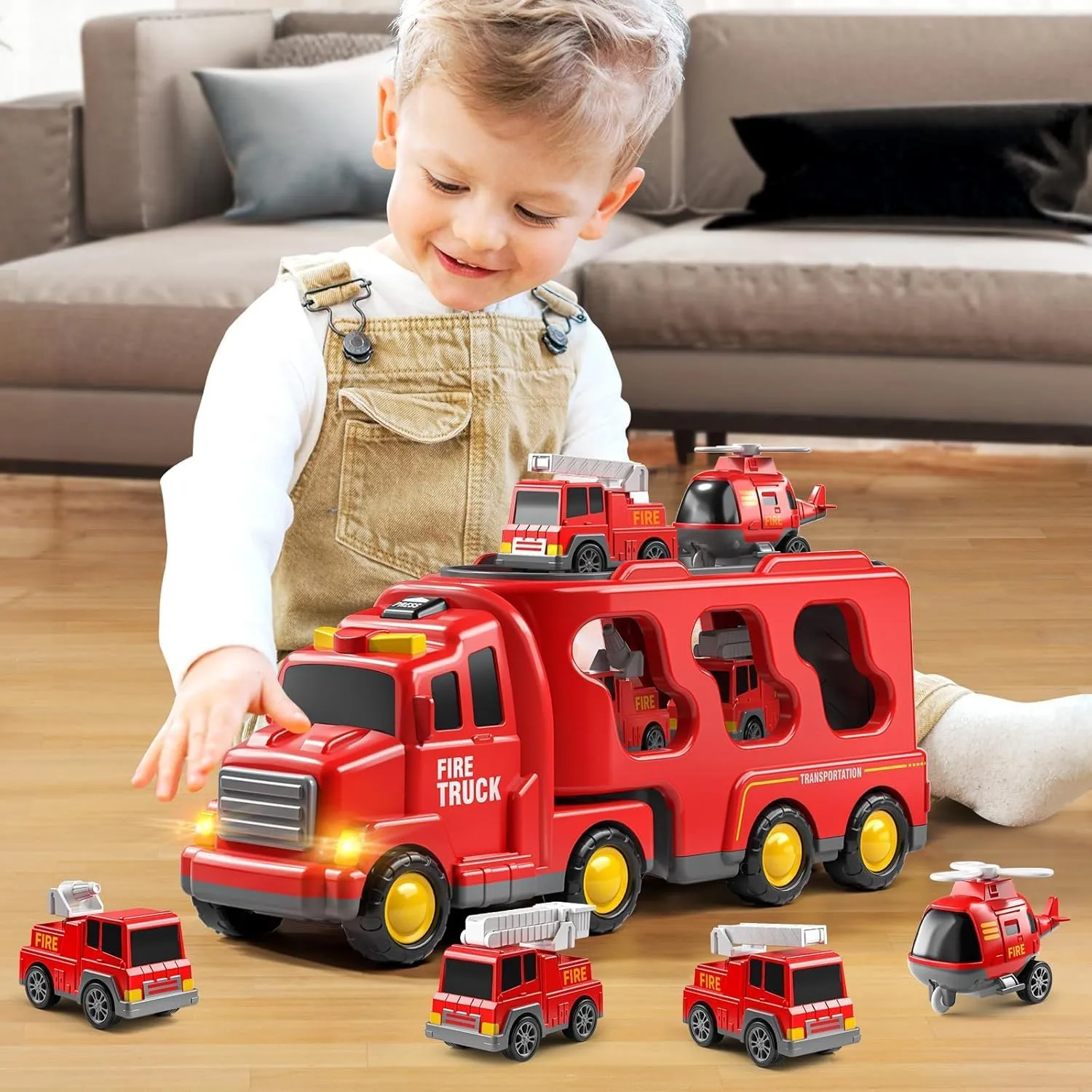 Truck Toys for 3 4 5 6 Years Old Boys, Toddler Car Toys for Toddler Boys Ages 3-5, Fire Toys Car Carrier Vehicle Toy Set, Kids Toys Truck Set for Age 3-9