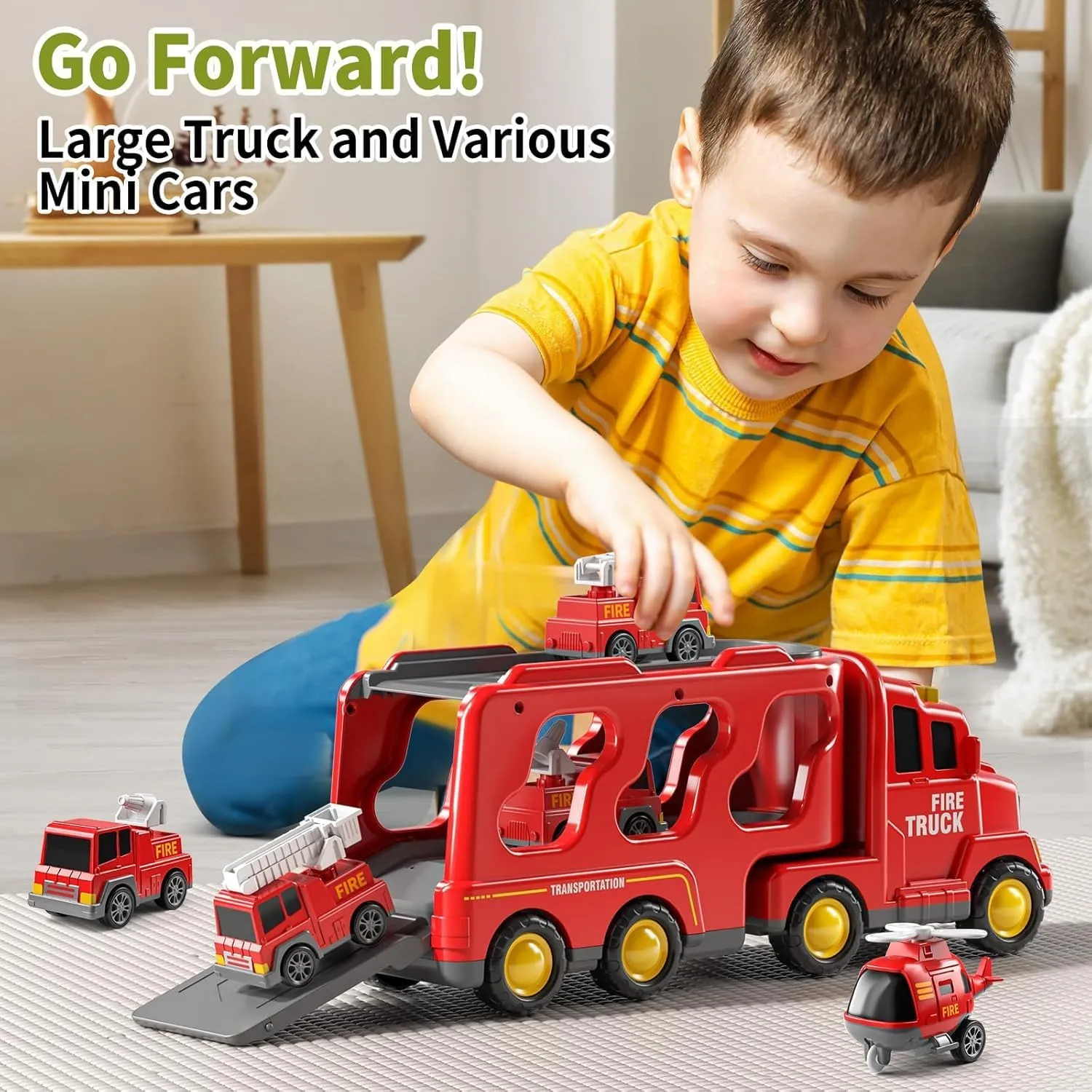 Truck Toys for 3 4 5 6 Years Old Boys, Toddler Car Toys for Toddler Boys Ages 3-5, Fire Toys Car Carrier Vehicle Toy Set, Kids Toys Truck Set for Age 3-9