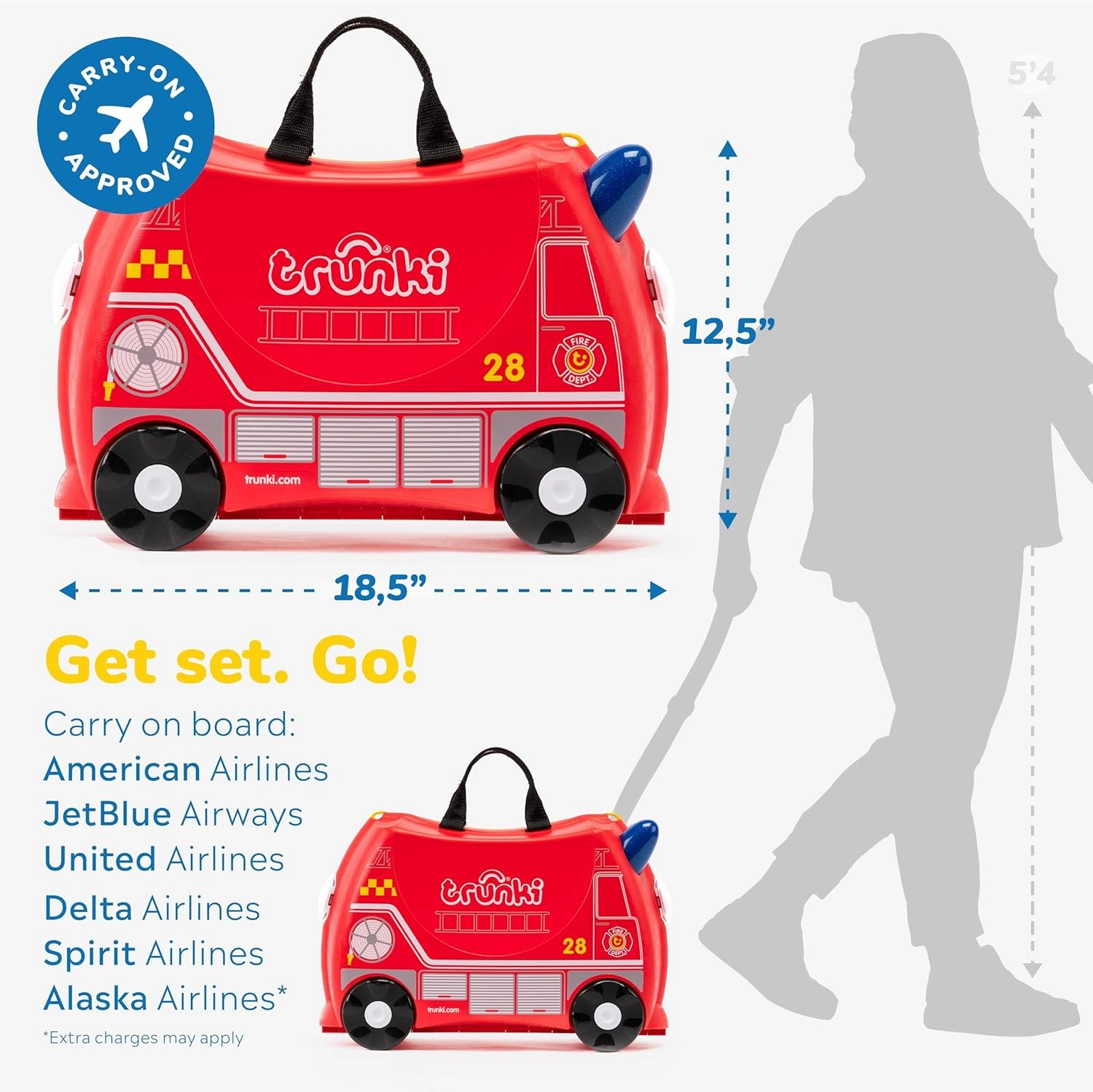 Trunki Ride-On Kids Suitcase | Tow-Along Toddler Luggage | Carry-On Cute Bag with Wheels | Kids Luggage and Airplane Travel Essentials: Frank Fire Truck Red