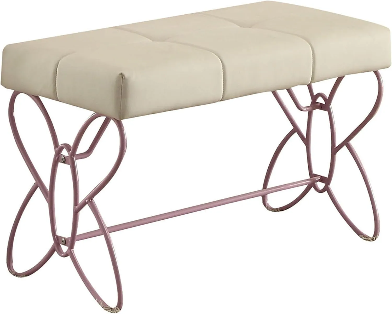 Tufted Bench Butterfly Design with Padded Faux Leather Seat, Armless, for Bedroom or Living Room, White and Light Pink