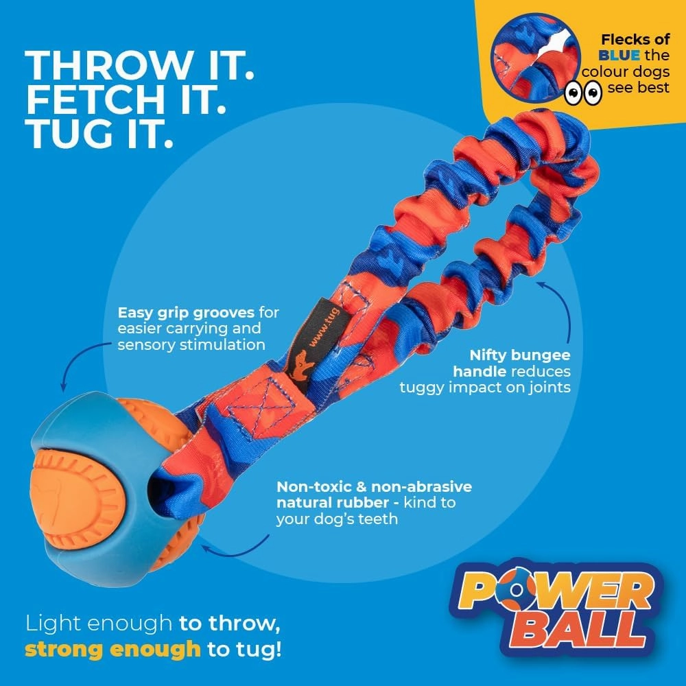 Tug-E-Nuff Pocket PowerBall Bungee | Shock Absorbing Bungee Handle | Durable Ball Toy for Dogs | Ideal for Interactive Dog Training and Dogs of All Ages | 23 cm (9 inches) in Size