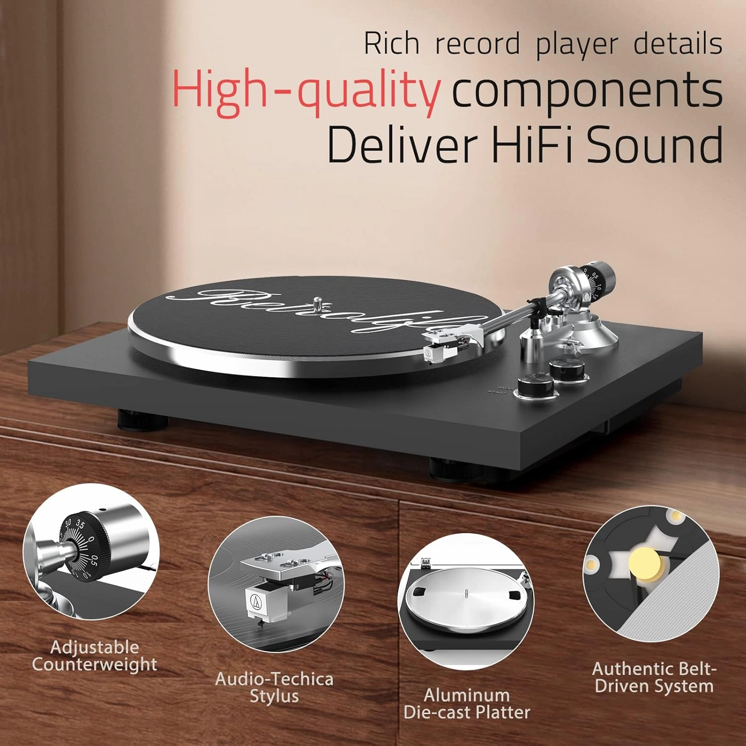 Turntables Record Player Wireless Output Connectivity Vinyl Player Belt-Drive Turn Tables Support 33&45 RPM Speed Phono Line Output USB Digital to PC Recording ATN3600L MM Cartridge Black