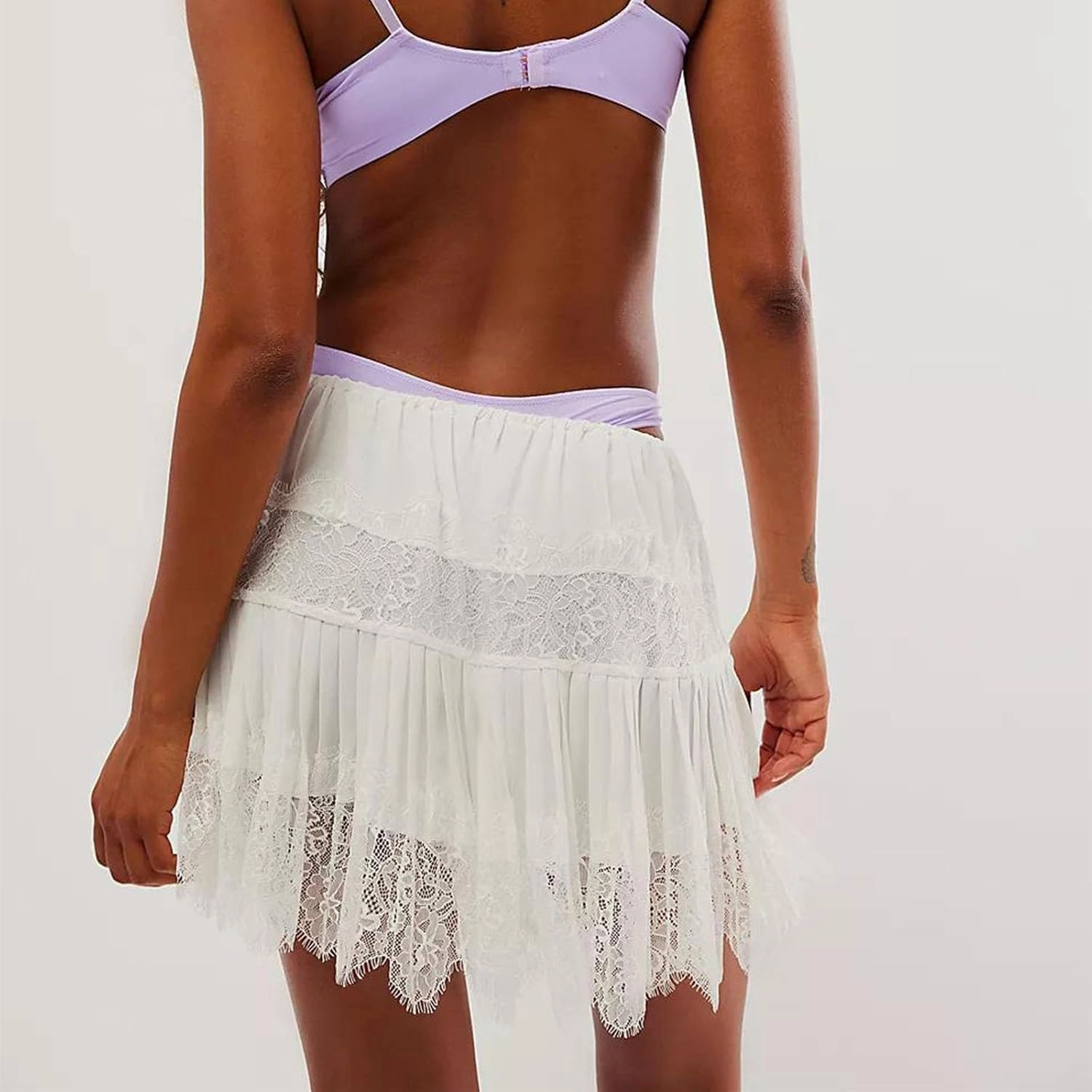 UAURORAO Women Lace Trim Half Slip Skirt Elastic Y2k Floral Sheer Mini Skirt Ruffle Pleated Underskirt Shirt Extender