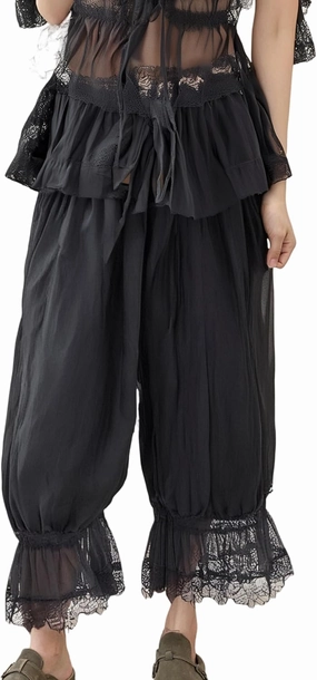 UAURORAO Women Lace Trim Long Bloomers Elastic Mid Rise Ruffle Pantaloons Cropped Flared Slips Pants Pajama Bottoms