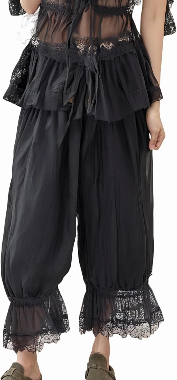 UAURORAO Women Lace Trim Long Bloomers Elastic Mid Rise Ruffle Pantaloons Cropped Flared Slips Pants Pajama Bottoms