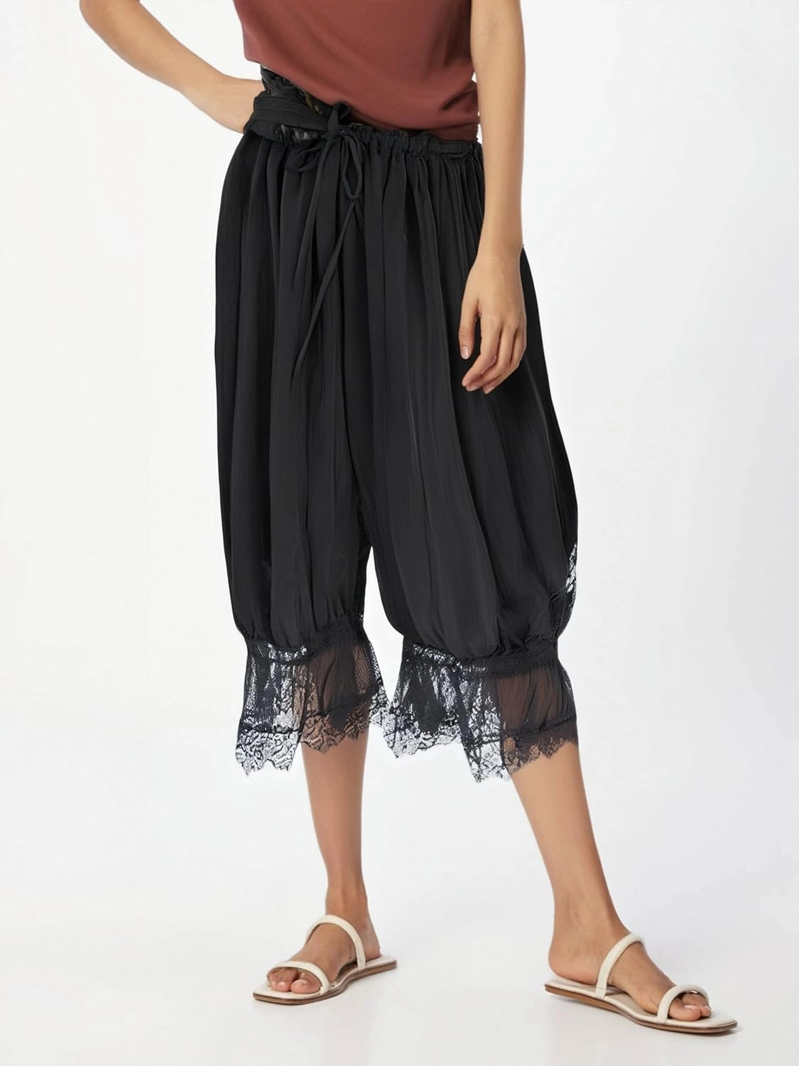 UAURORAO Women Lace Trim Long Bloomers Elastic Mid Rise Ruffle Pantaloons Cropped Flared Slips Pants Pajama Bottoms