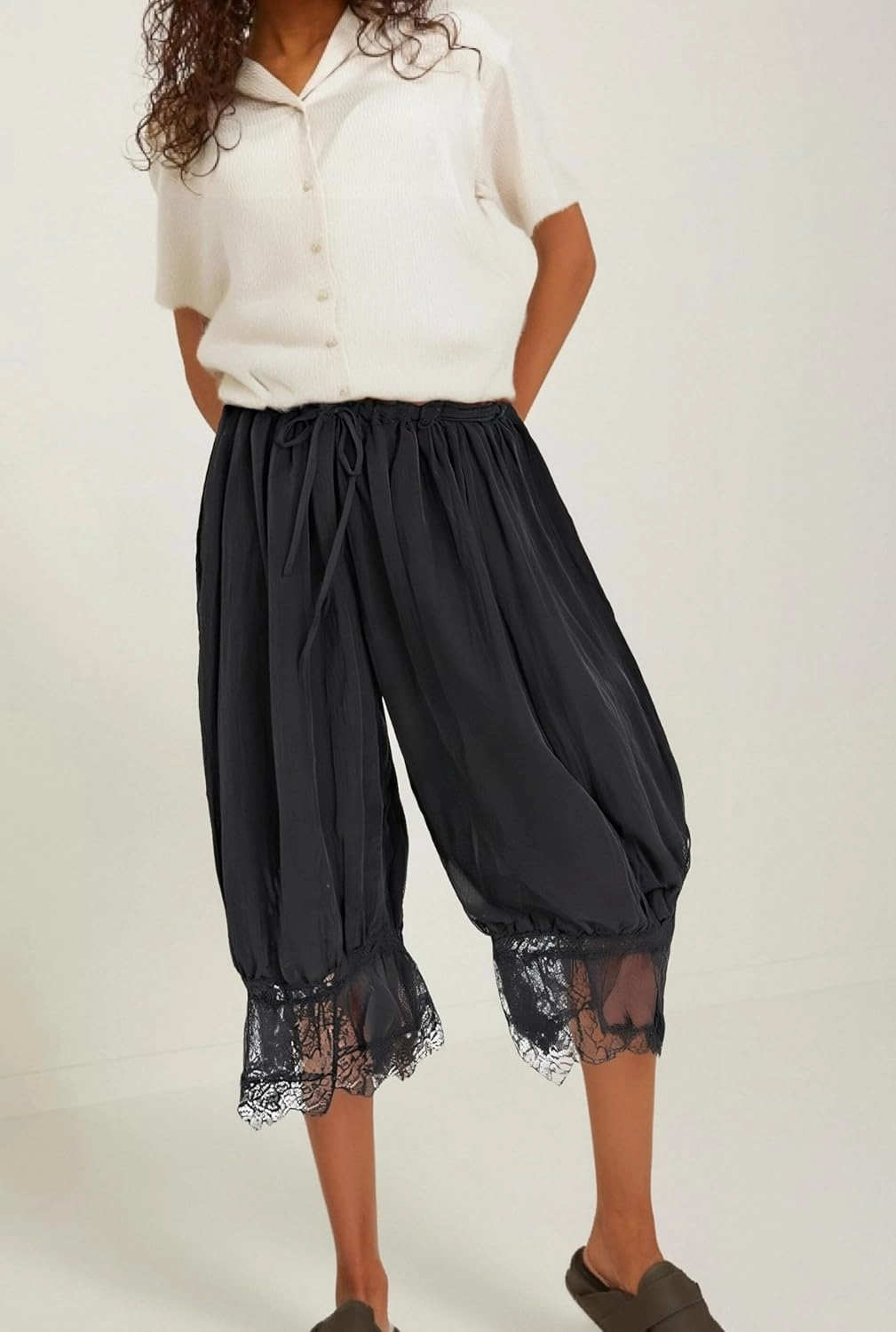 UAURORAO Women Lace Trim Long Bloomers Elastic Mid Rise Ruffle Pantaloons Cropped Flared Slips Pants Pajama Bottoms
