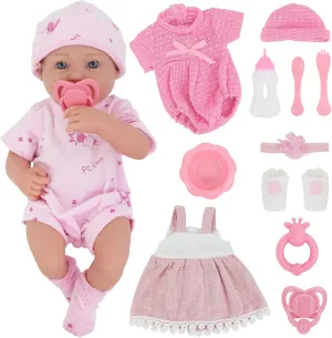 UNICORN ELEMENT 14 Inch Baby Doll and Doll Clothes Accessories Set, Reborn Vinyl Body Baby Doll Playset with Hat, Socks, Bottle, Toy Rattle, Pacifier for Toddlers Girls