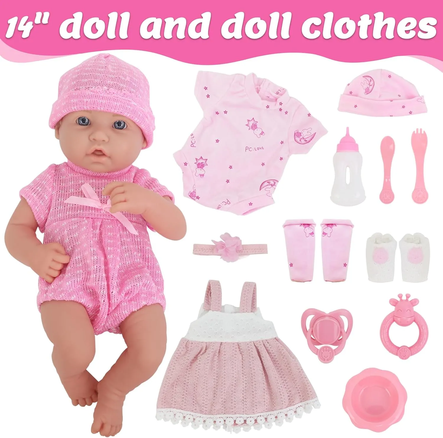 UNICORN ELEMENT 14 Inch Baby Doll and Doll Clothes Accessories Set, Reborn Vinyl Body Baby Doll Playset with Hat, Socks, Bottle, Toy Rattle, Pacifier for Toddlers Girls