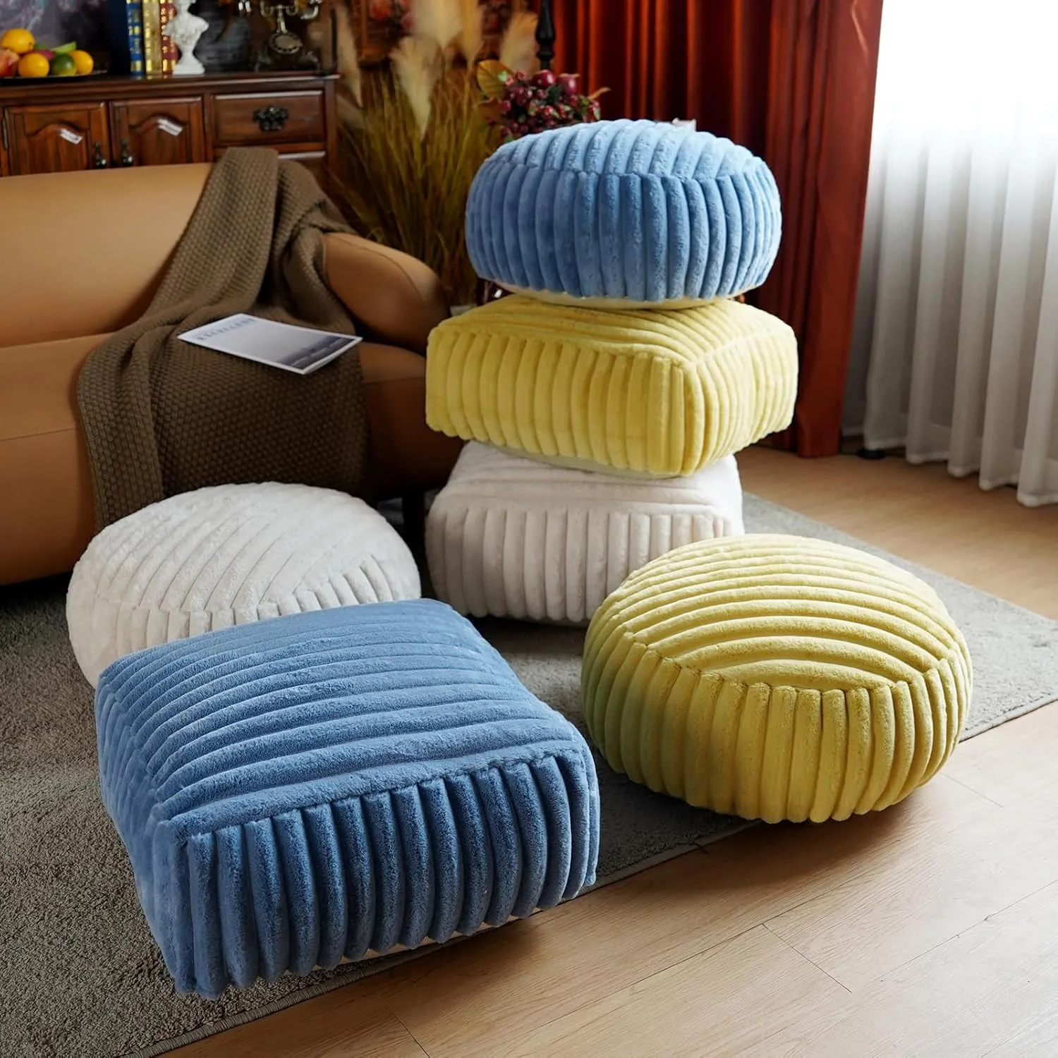 Unstuffed Pouf Ottoman Cover Soft Storage Extra Seat Farmhouse Comfortable Bohemian Poufs Accent Footrest 20x20x8 Inches for Living Room Bedroom Study Nook (Blue, Round)