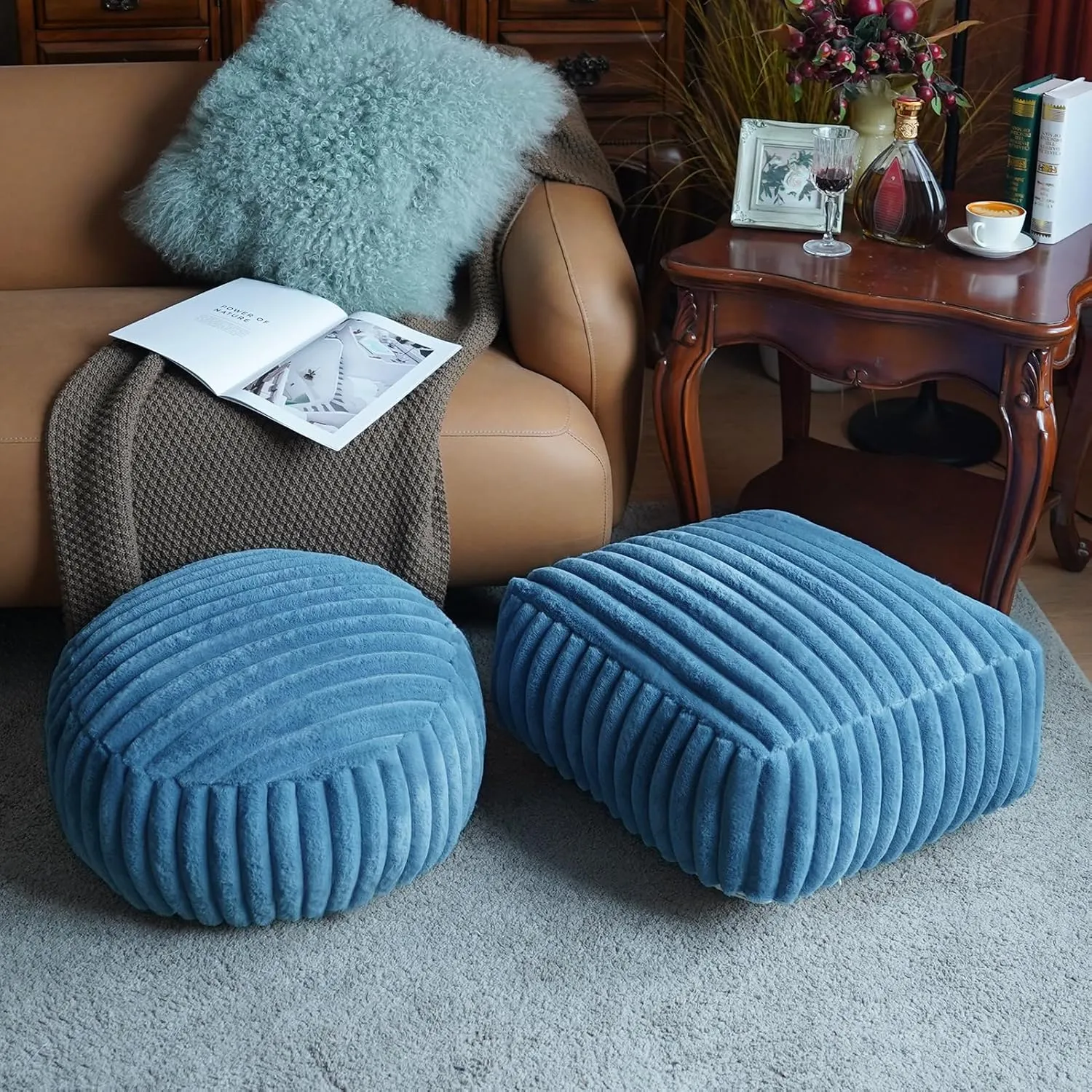 Unstuffed Pouf Ottoman Cover Soft Storage Extra Seat Farmhouse Comfortable Bohemian Poufs Accent Footrest 20x20x8 Inches for Living Room Bedroom Study Nook (Blue, Round)