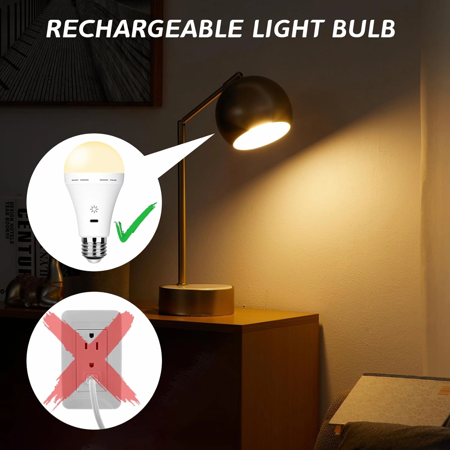 USB Rechargeable Light Bulb with Remote Control, 2600mAh Battery Powered Light Bulbs E26 Touch Control Dimmable LED Bulb with Timer, Outdoor Emergency Bulb with Hook,3000K/2 Pack
