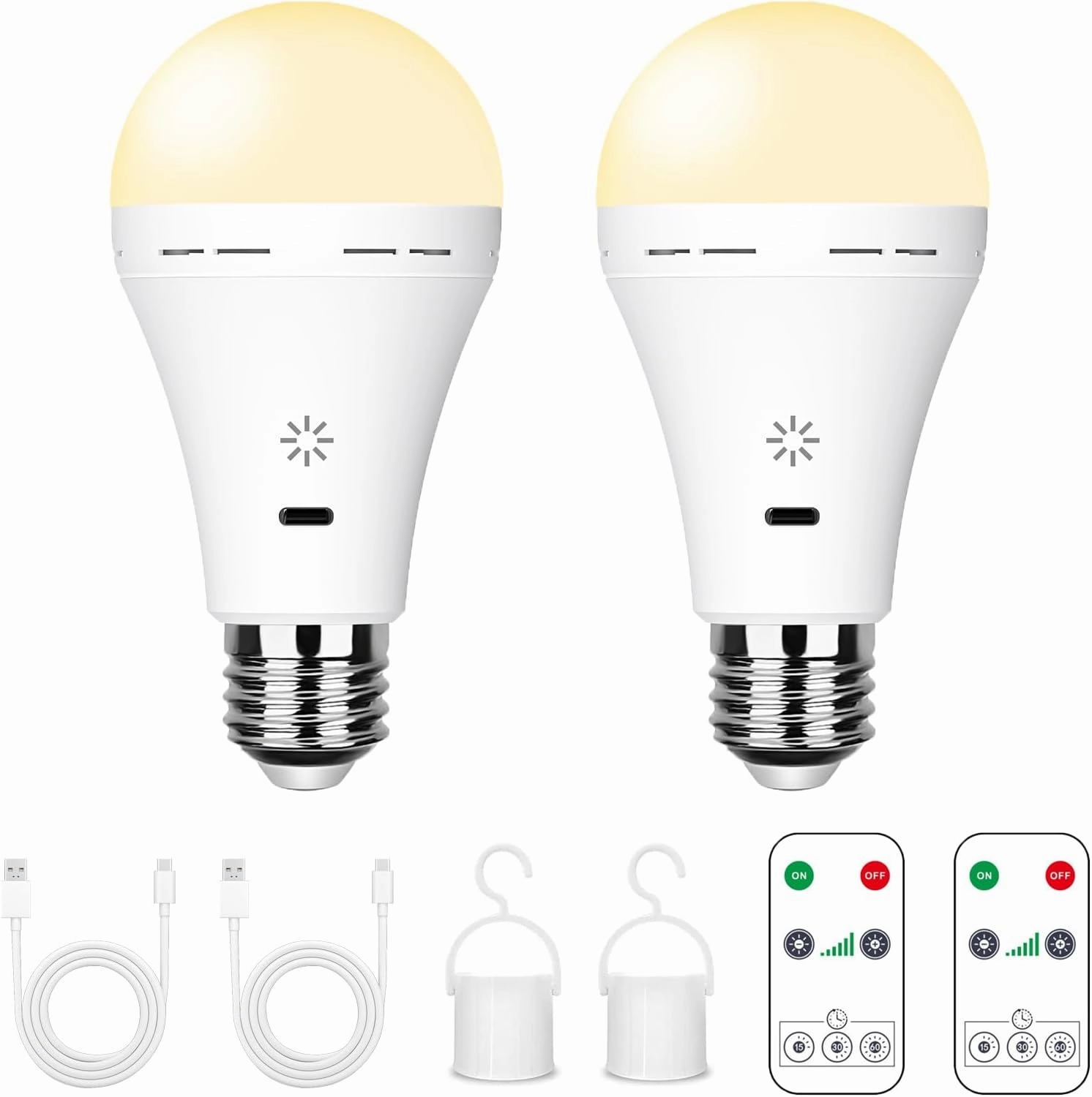 USB Rechargeable Light Bulb with Remote Control, 2600mAh Battery Powered Light Bulbs E26 Touch Control Dimmable LED Bulb with Timer, Outdoor Emergency Bulb with Hook,3000K/2 Pack