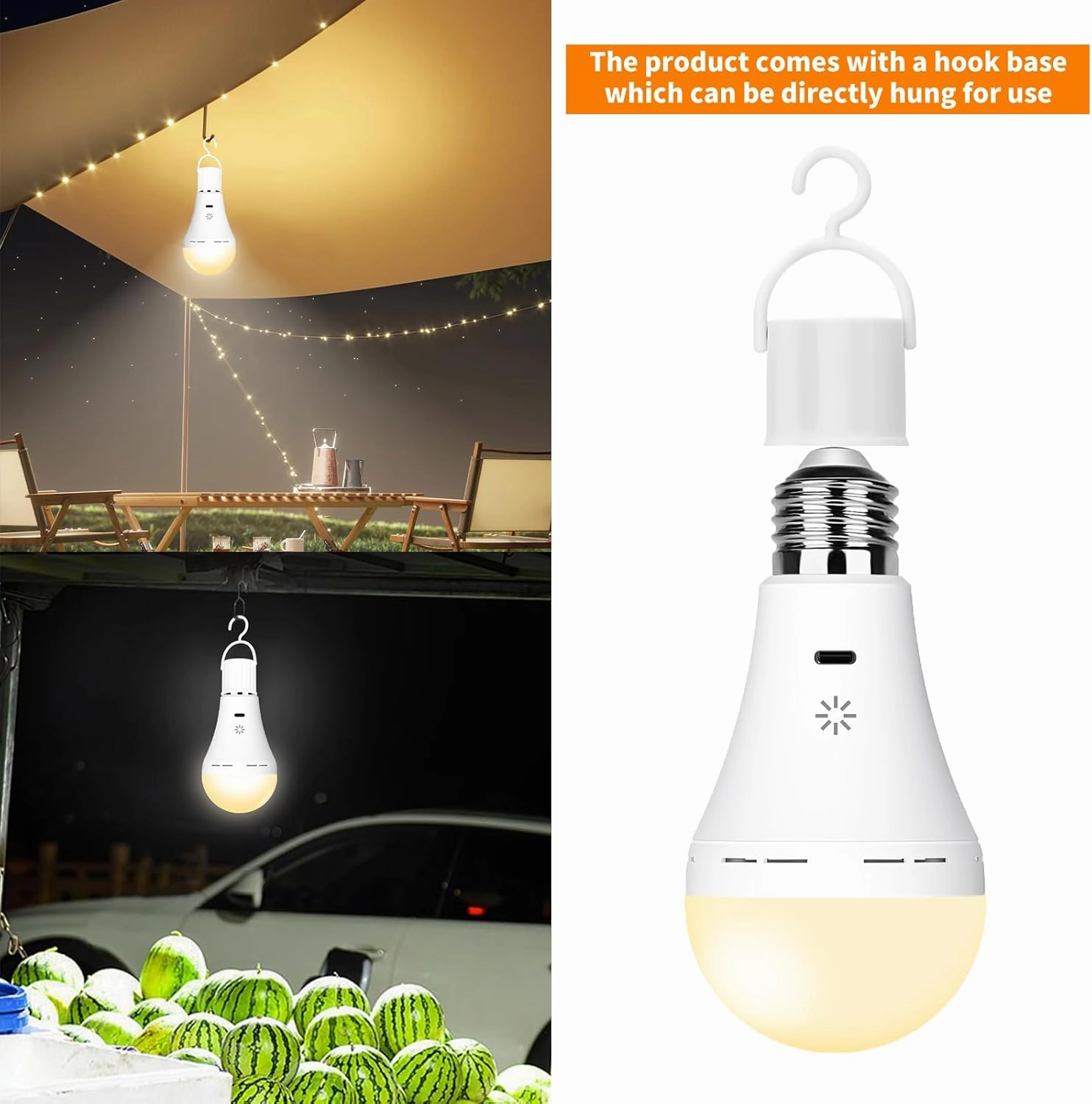 USB Rechargeable Light Bulb with Remote Control, 2600mAh Battery Powered Light Bulbs E26 Touch Control Dimmable LED Bulb with Timer, Outdoor Emergency Bulb with Hook,3000K/2 Pack