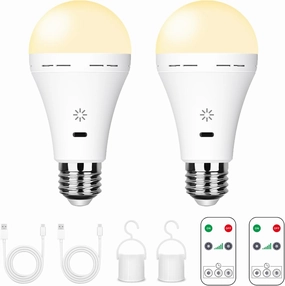 USB Rechargeable Light Bulb with Remote Control, 2600mAh Battery Powered Light Bulbs E26 Touch Control Dimmable LED Bulb with Timer, Outdoor Emergency Bulb with Hook,3000K/2 Pack
