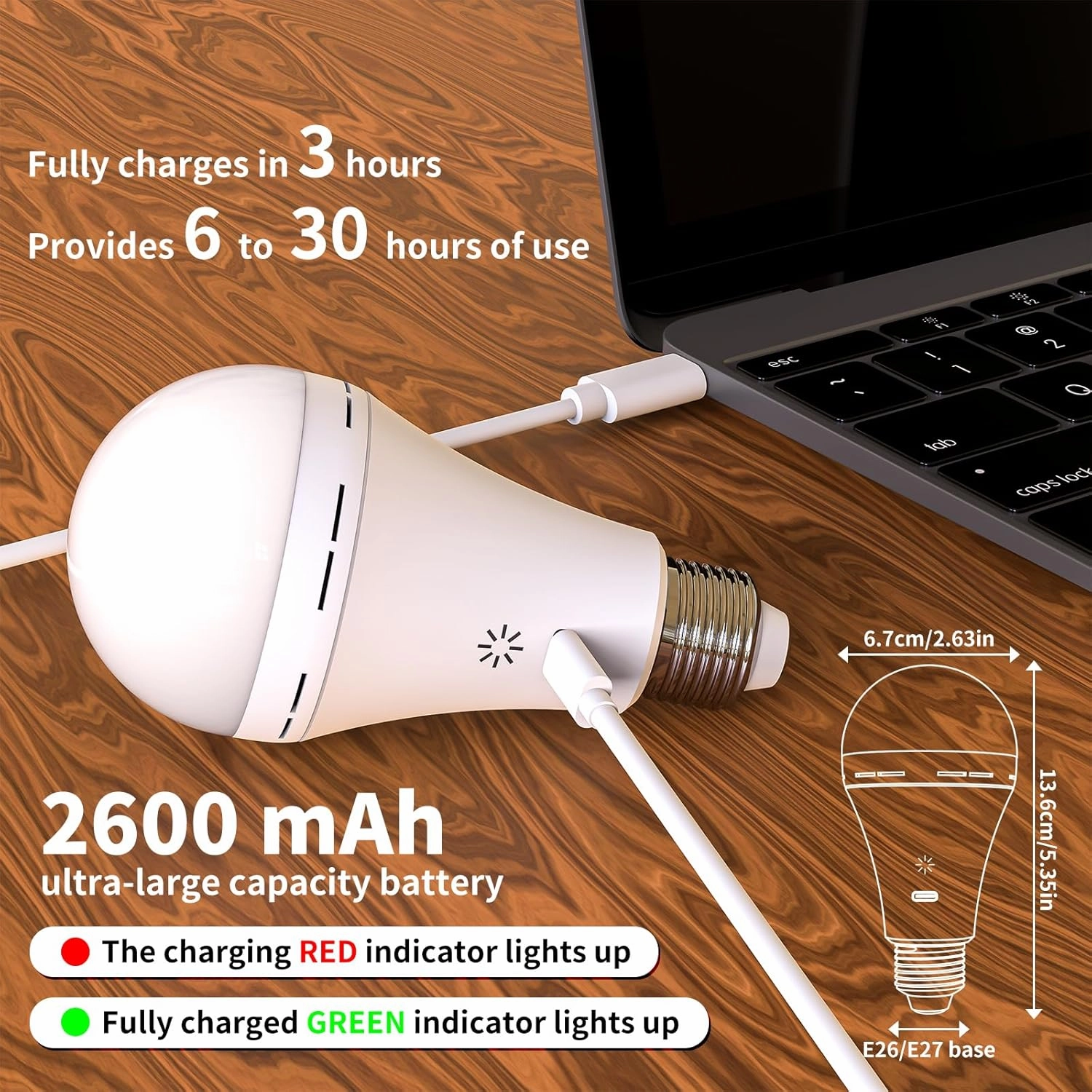 USB Rechargeable Light Bulb with Remote Control, 2600mAh Battery Powered Light Bulbs E26 Touch Control Dimmable LED Bulb with Timer, Outdoor Emergency Bulb with Hook,3000K/2 Pack