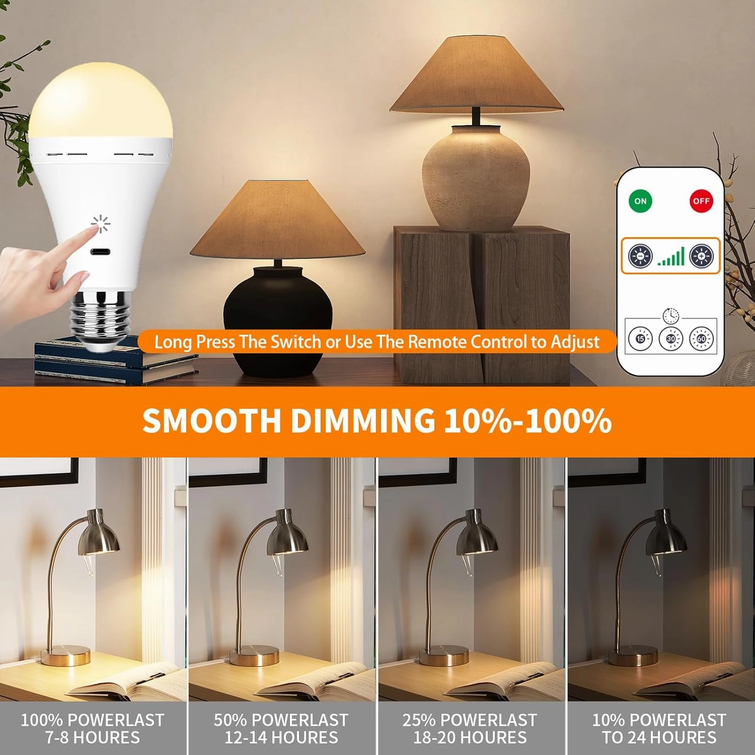 USB Rechargeable Light Bulb with Remote Control, 2600mAh Battery Powered Light Bulbs E26 Touch Control Dimmable LED Bulb with Timer, Outdoor Emergency Bulb with Hook,3000K/2 Pack