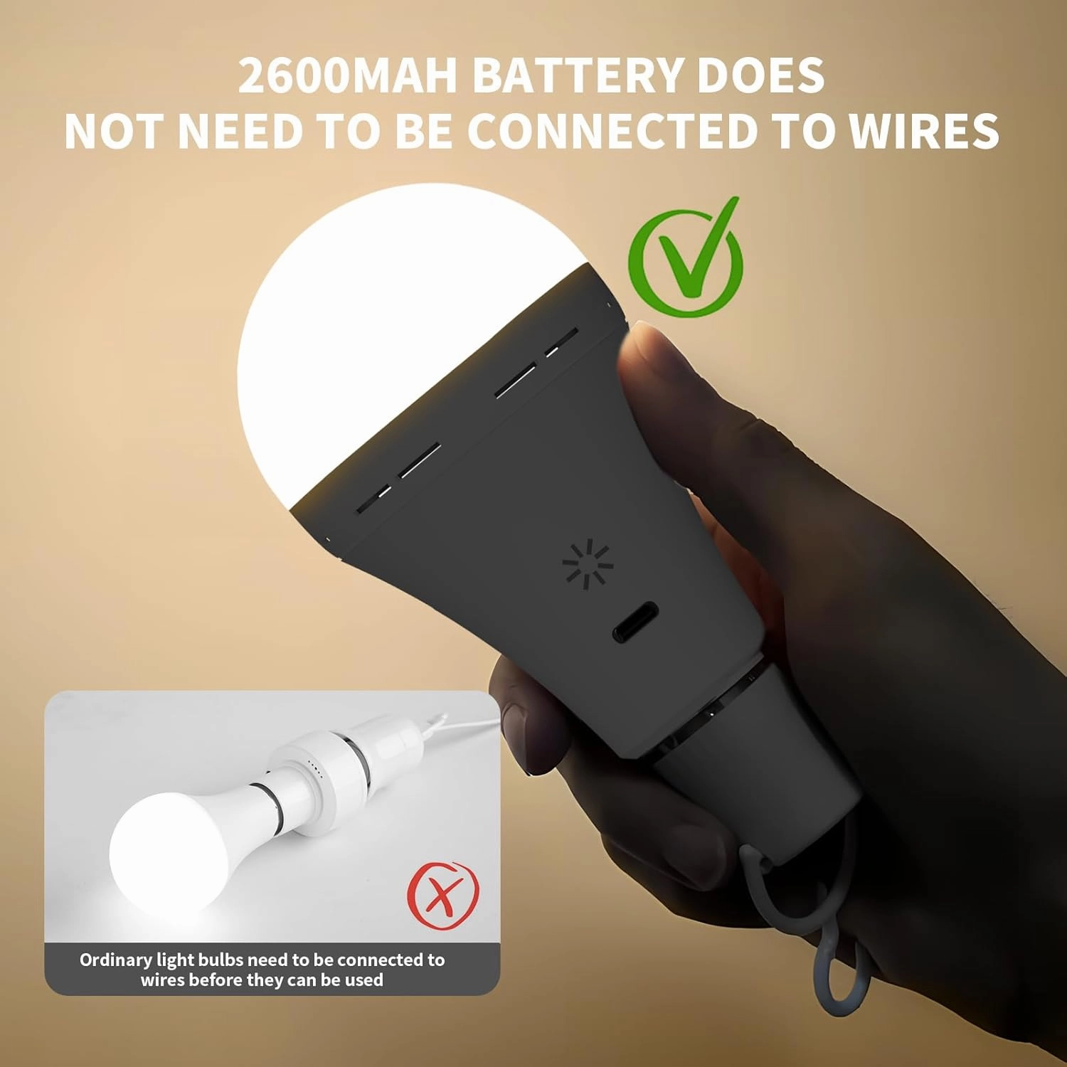 USB Rechargeable Light Bulb with Remote Control, 2600mAh Battery Powered Light Bulbs E26 Touch Control Dimmable LED Bulb with Timer, Outdoor Emergency Bulb with Hook,3000K/2 Pack