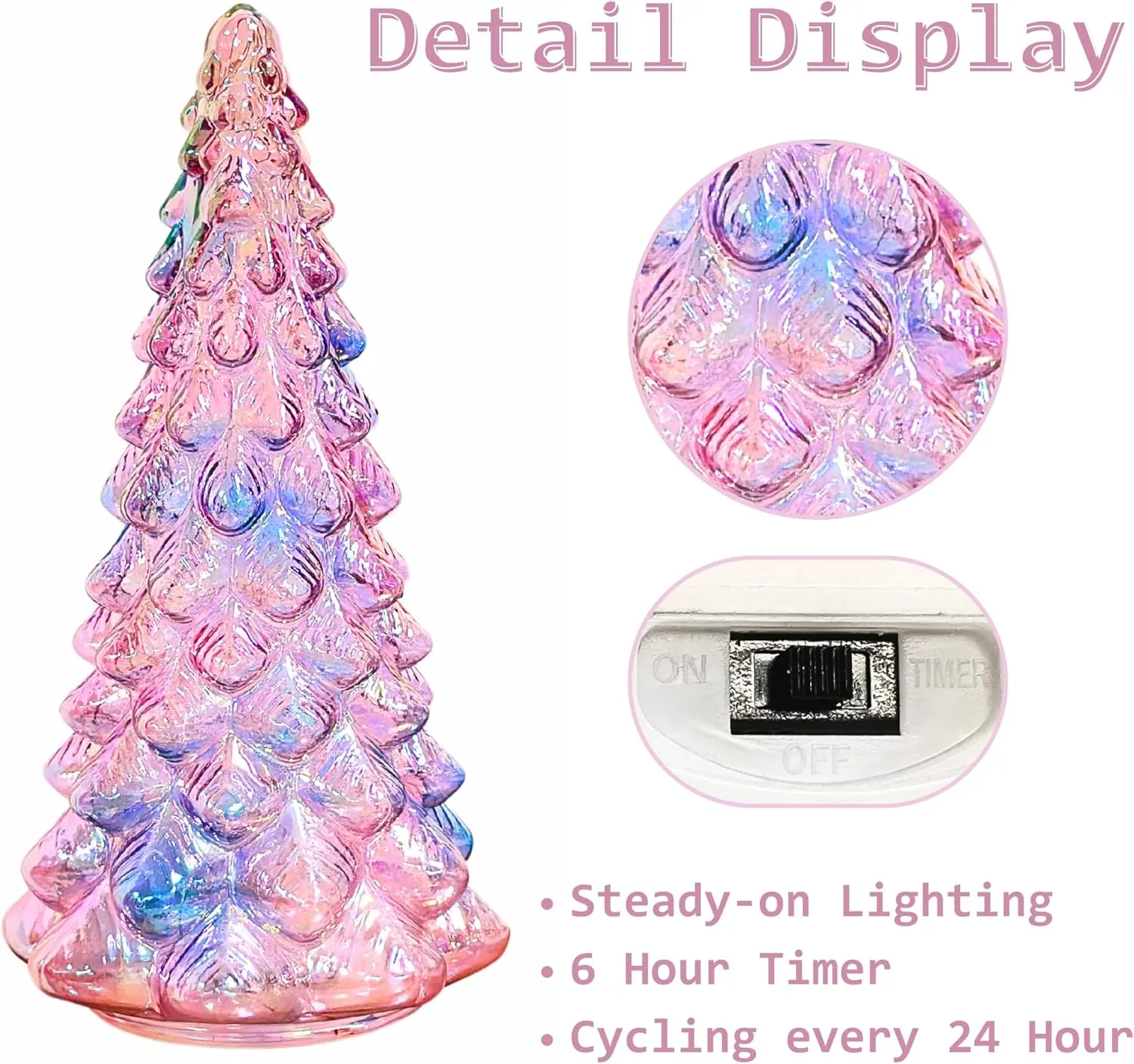 Valentines Day Decorative Lighted Mercury Glass Tree Decoration with 6 Hour Timer, Battery Operated Xmas Tree Light Desktop Mantle Window Home Decor Date Party Celebration, Pink and Blue, 12 Inches