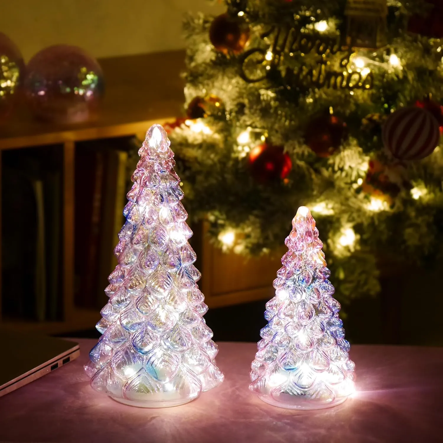 Valentines Day Decorative Lighted Mercury Glass Tree Decoration with 6 Hour Timer, Battery Operated Xmas Tree Light Desktop Mantle Window Home Decor Date Party Celebration, Pink and Blue, 12 Inches