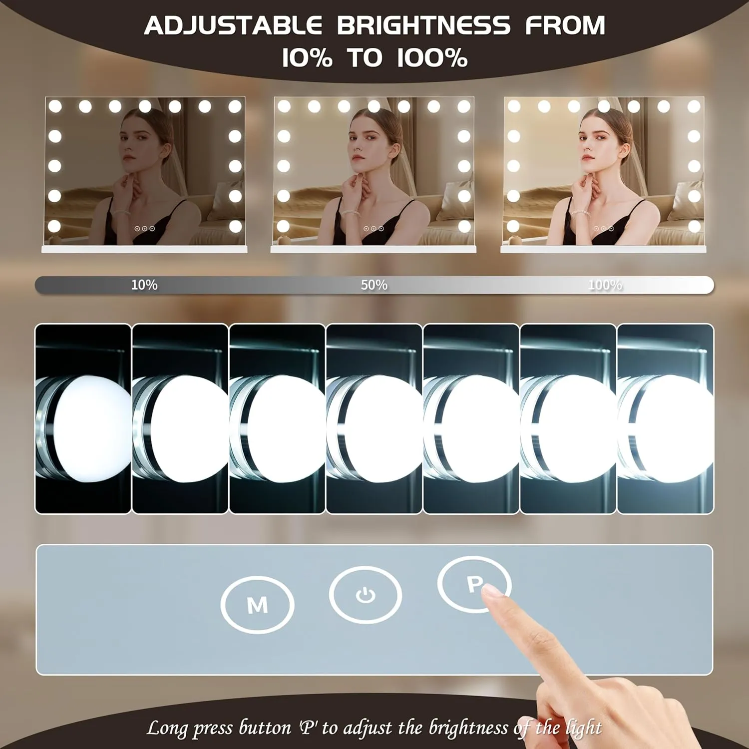 Vanity Mirror with Lights Lighted Makeup Mirror with 15 Dimmable LED Bulbs,3 Color Lighting Modes,USB Charging Port Touch Control,Sturdy Metal Frame Design,White