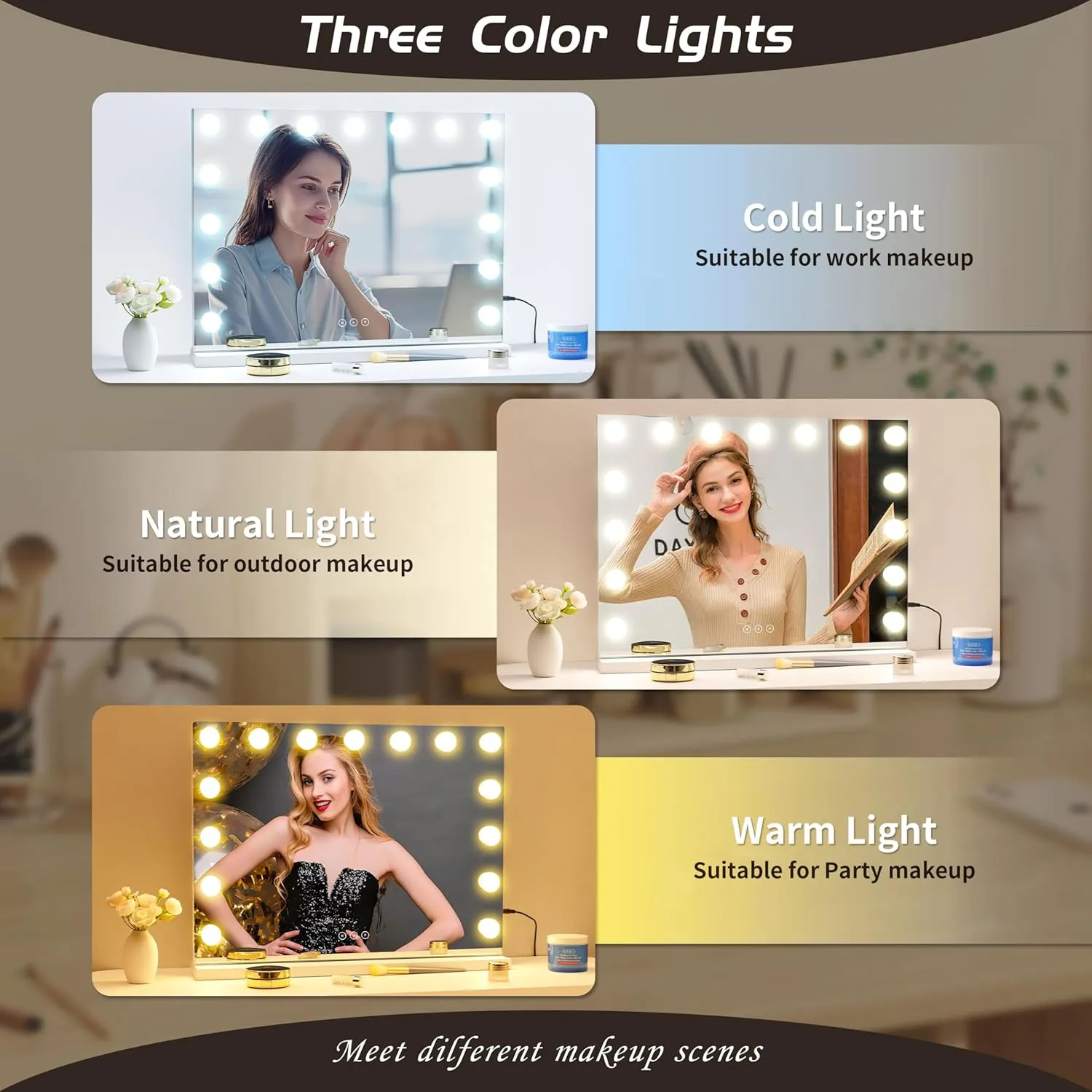 Vanity Mirror with Lights Lighted Makeup Mirror with 15 Dimmable LED Bulbs,3 Color Lighting Modes,USB Charging Port Touch Control,Sturdy Metal Frame Design,White
