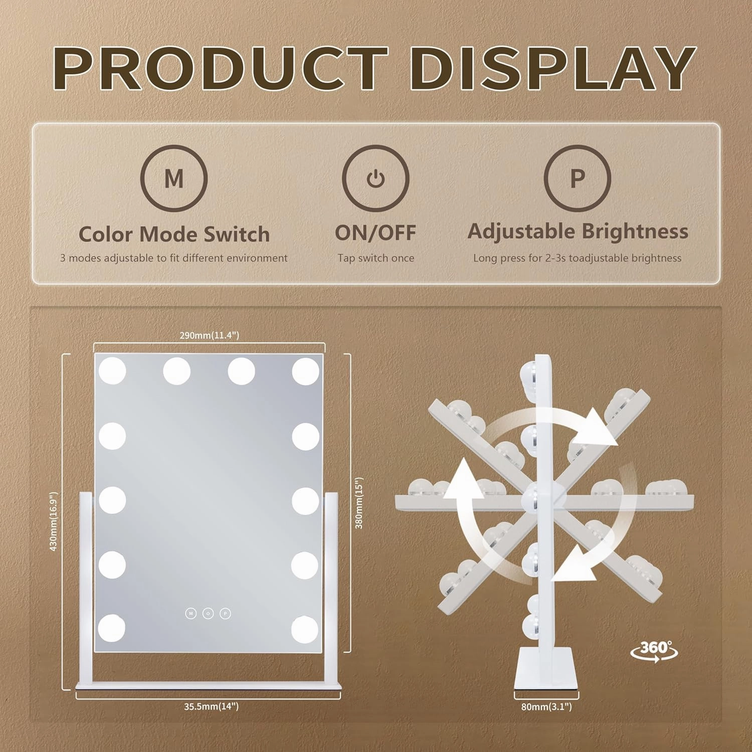 Vanity Makeup Mirror with Lights,3 Color Lighting Modes Detachable 10X Magnification Mirror Touch Control,360°Rotation, White (14.6Inch)