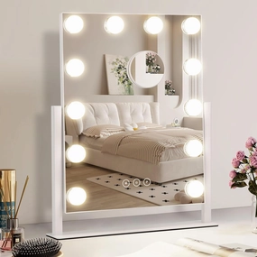 Vanity Makeup Mirror with Lights,3 Color Lighting Modes Detachable 10X Magnification Mirror Touch Control,360°Rotation, White (14.6Inch)