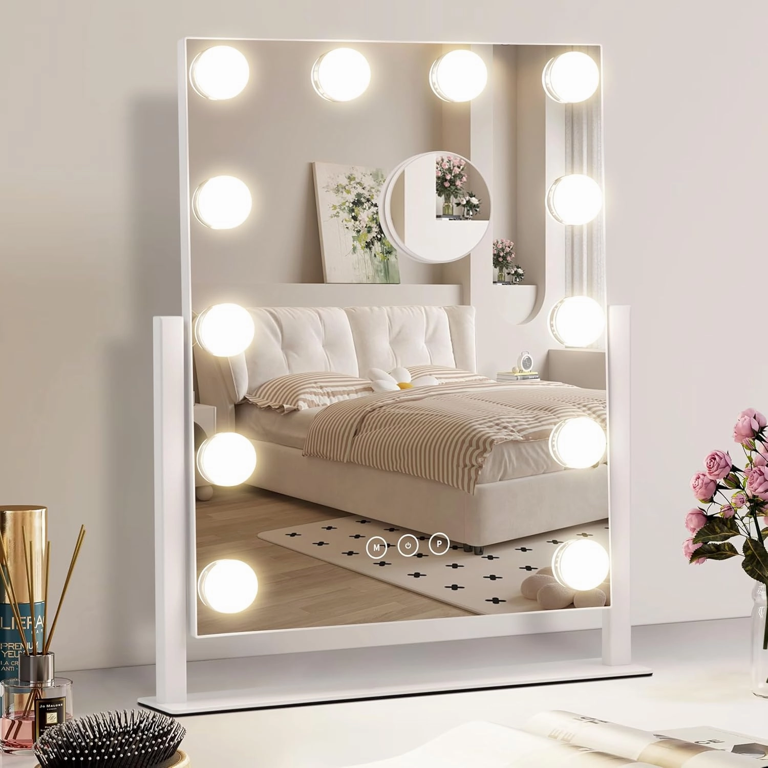 Vanity Makeup Mirror with Lights,3 Color Lighting Modes Detachable 10X Magnification Mirror Touch Control,360°Rotation, White (14.6Inch)