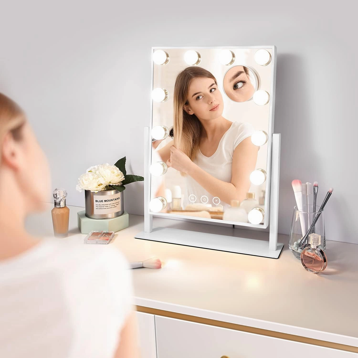 Vanity Makeup Mirror with Lights,3 Color Lighting Modes Detachable 10X Magnification Mirror Touch Control,360°Rotation, White (14.6Inch)