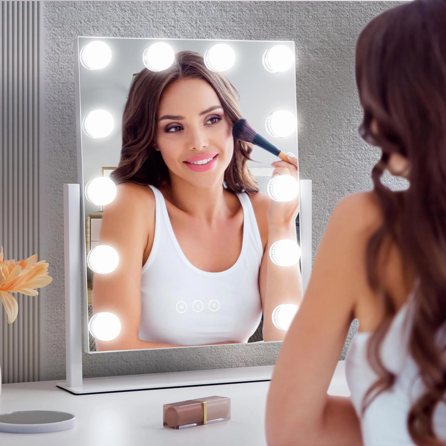 Vanity Makeup Mirror with Lights,3 Color Lighting Modes Detachable 10X Magnification Mirror Touch Control,360°Rotation, White (14.6Inch)