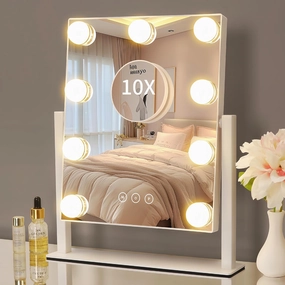 Vanity Mirror with Lights, 9 Dimmable Bulbs, 3 Color Lighting Modes, Detachable 10x Magnification, Touch Control, Tabletop Mount, 3"L x 2"W, White