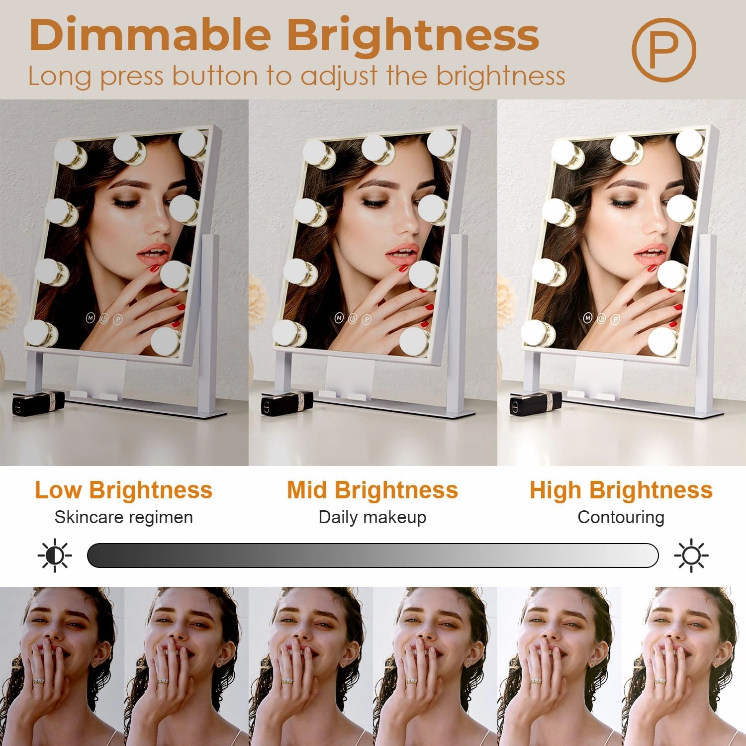 Vanity Mirror with Lights, Makeup Mirror with 3 Lighting Modes, Light Up Mirror with Touch Sensor, Detachable 10X Magnifying, USB Powered, Metal Frame, 360 Rotatable, 14.5" – White