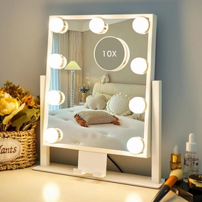 Vanity Mirror with Lights, Makeup Mirror with 3 Lighting Modes, Light Up Mirror with Touch Sensor, Detachable 10X Magnifying, USB Powered, Metal Frame, 360 Rotatable, 14.5" – White