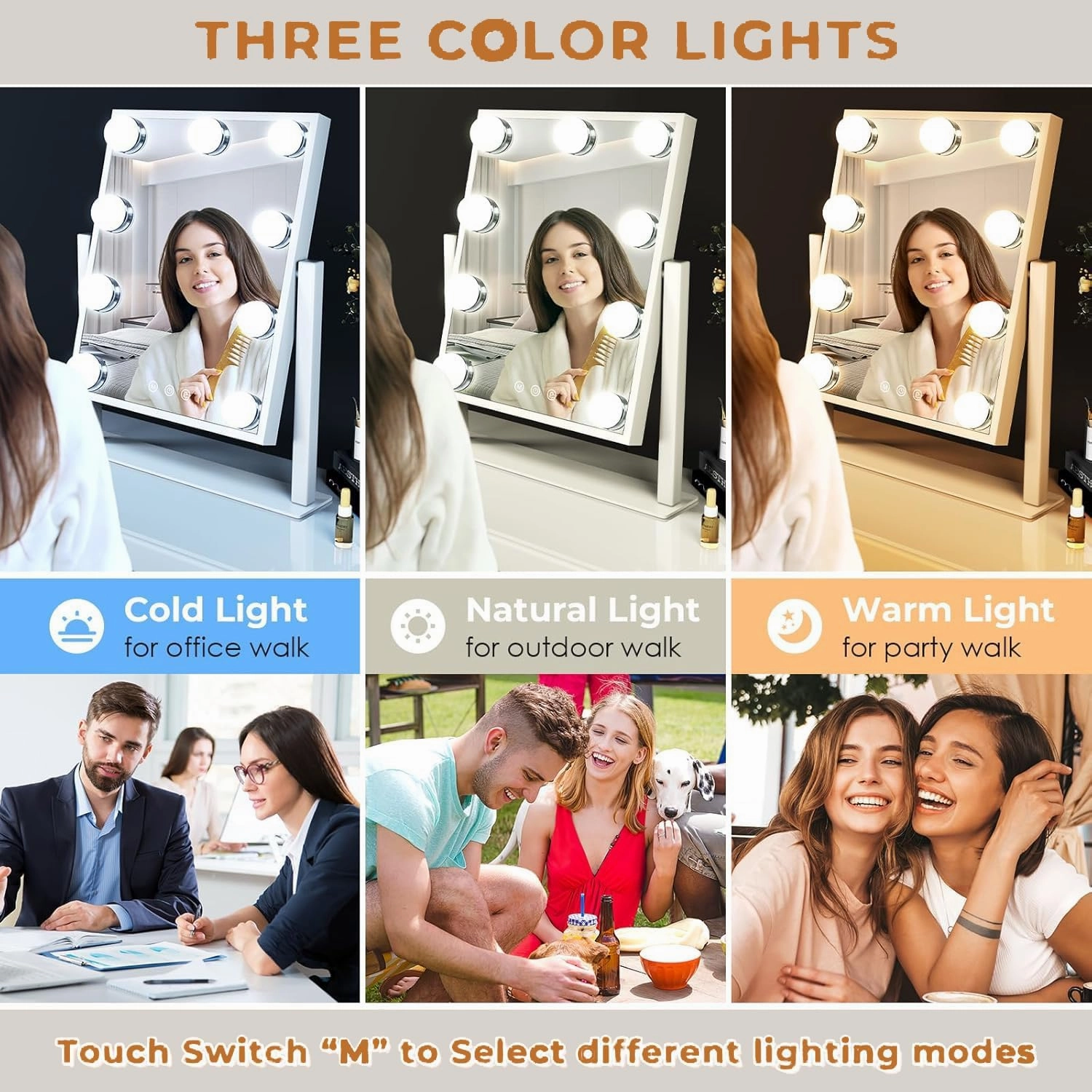 Vanity Mirror with Lights, Makeup Mirror with 3 Lighting Modes, Light Up Mirror with Touch Sensor, Detachable 10X Magnifying, USB Powered, Metal Frame, 360 Rotatable, 14.5" – White