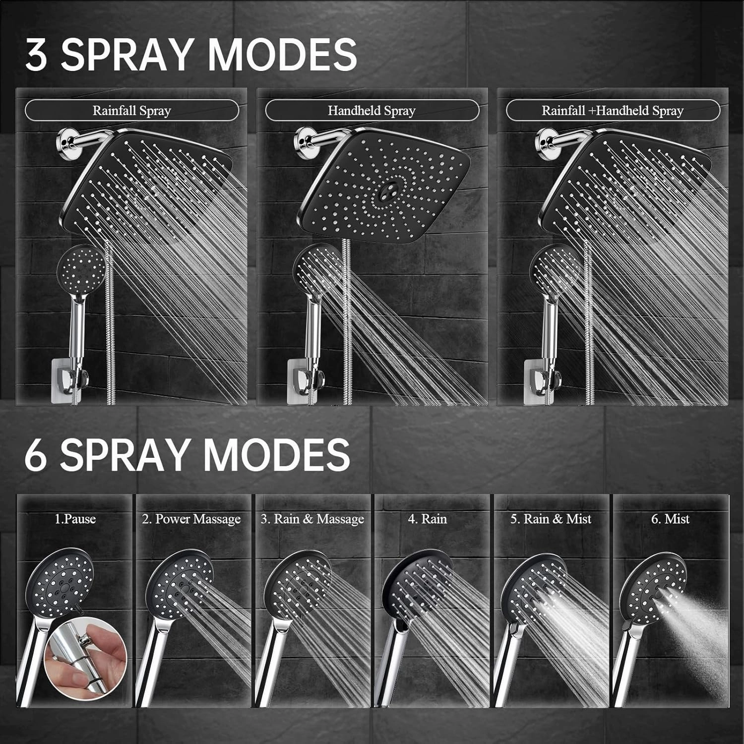 Veken 11.8 Rectangle Inch Rain Shower Head - Shower Heads with 6 Modes Handheld Spray Combo - Wide Rainfall shower with 70" Hose - 1.8gpm Dual Showerhead with Anti-Clog Nozzles - Chrome