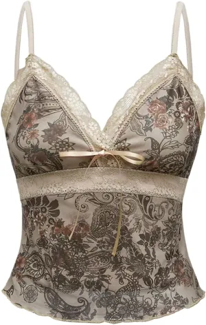 Verdusa Women's Plus Size Hippie Lace Trim Cami Tops Spaghetti Strap Fairy Bow Patchwork Tank Top