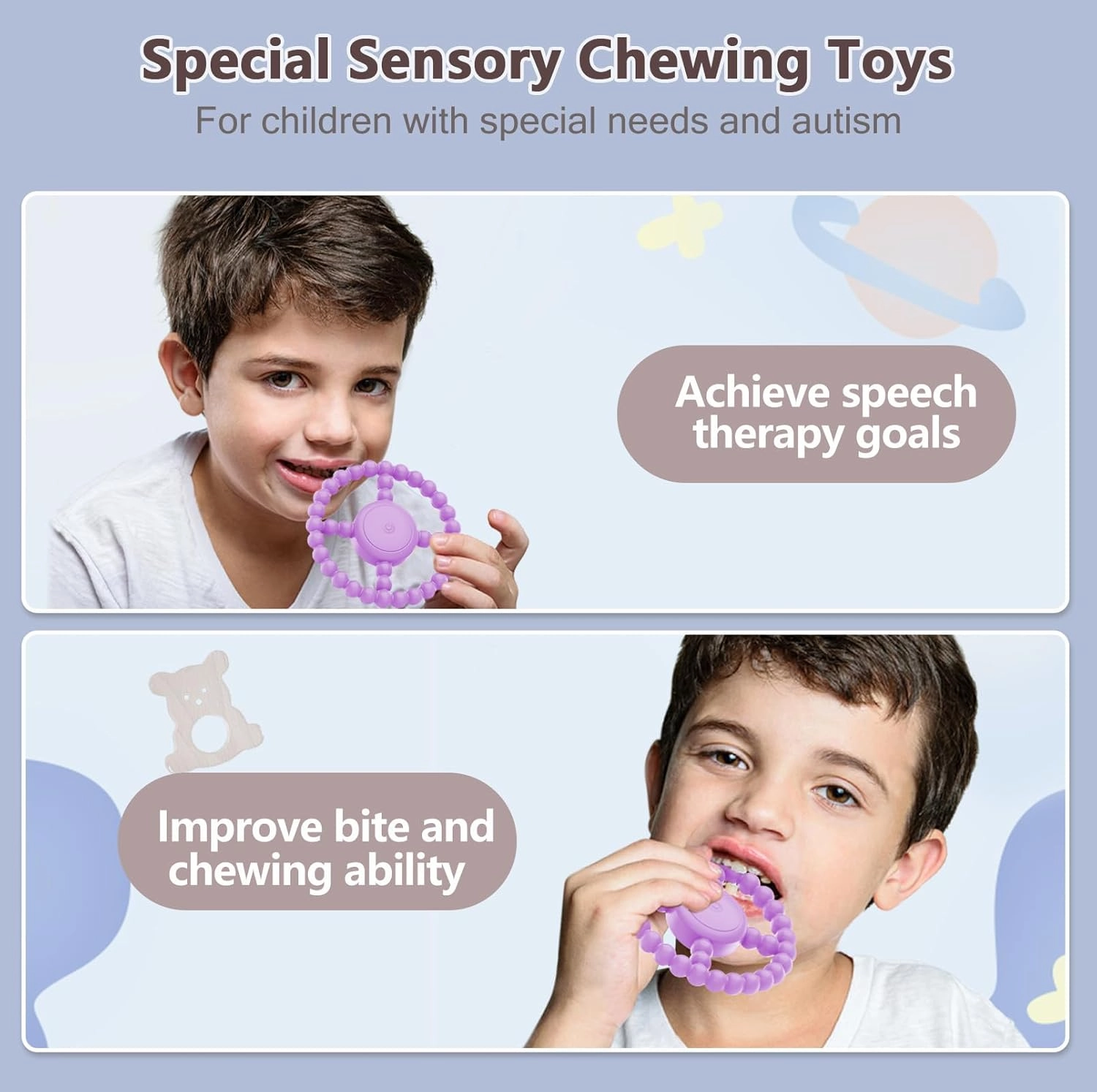 Vibrating Sensory Chew Toy - Dual Effect: Teether Teething Toys for Babies 0 3 6 9 12 18 Months Supporting Autism &Toddler Travel Essentials, 1-2 Year Old Boys Girls Baby Gifts idea(Purple)