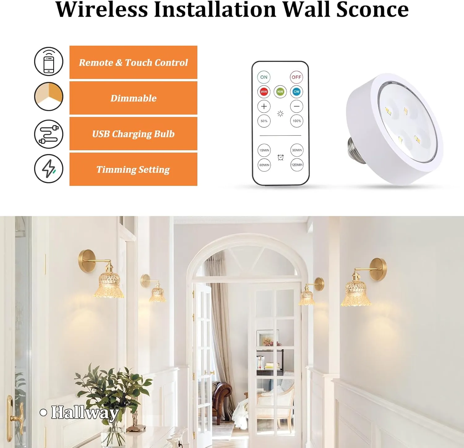 Vintage Battery Operated Wall Sconce, Rechargeable Battery Powered Wall Sconces with Remote Control, Wireless Dimmable LED Light for Bedside Indoor Living Room (Amber Pineapple)