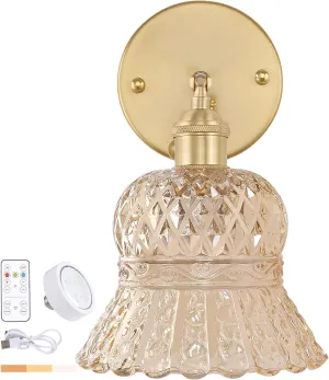 Vintage Battery Operated Wall Sconce, Rechargeable Battery Powered Wall Sconces with Remote Control, Wireless Dimmable LED Light for Bedside Indoor Living Room (Amber Pineapple)