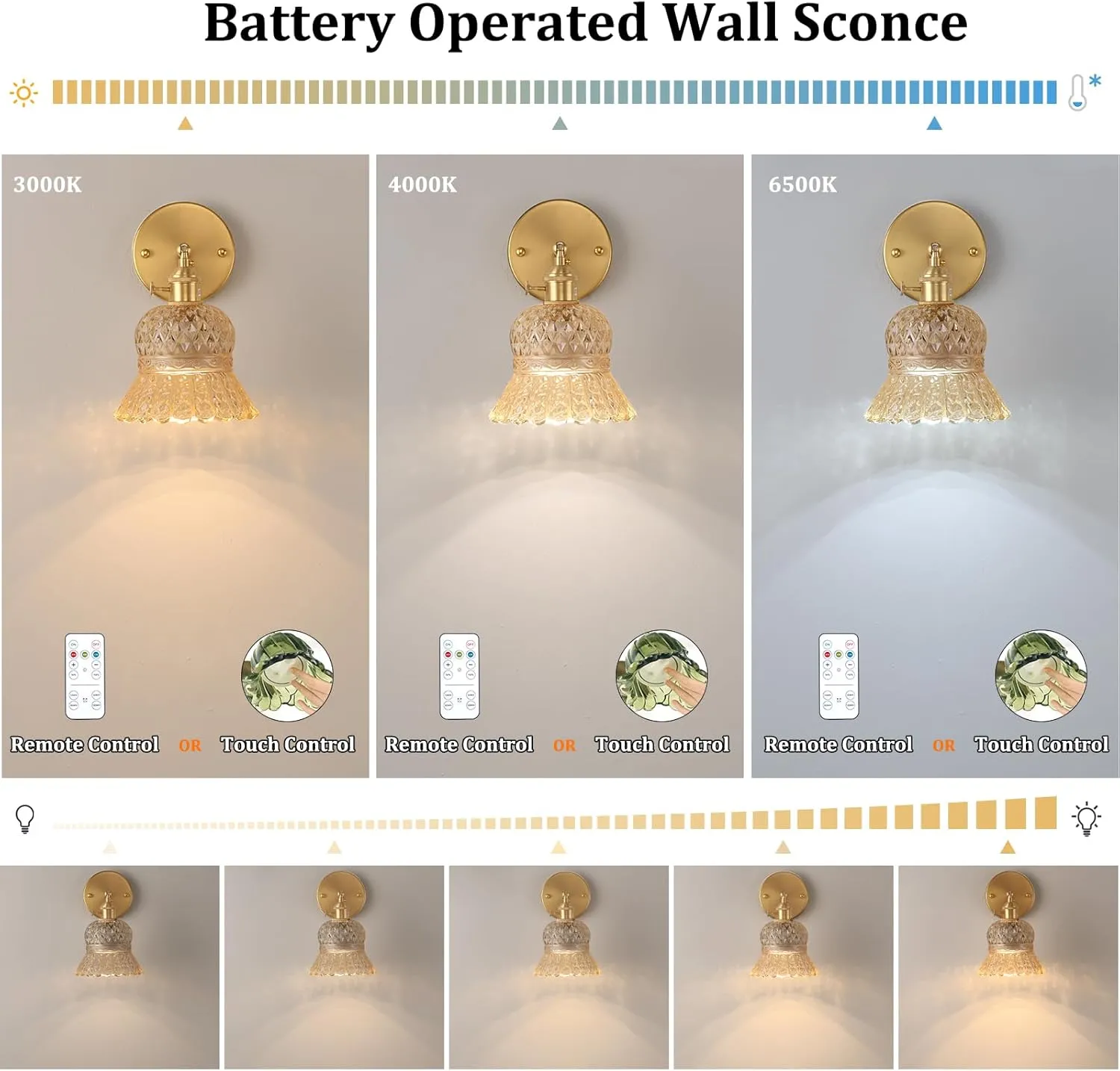 Vintage Battery Operated Wall Sconce, Rechargeable Battery Powered Wall Sconces with Remote Control, Wireless Dimmable LED Light for Bedside Indoor Living Room (Amber Pineapple)