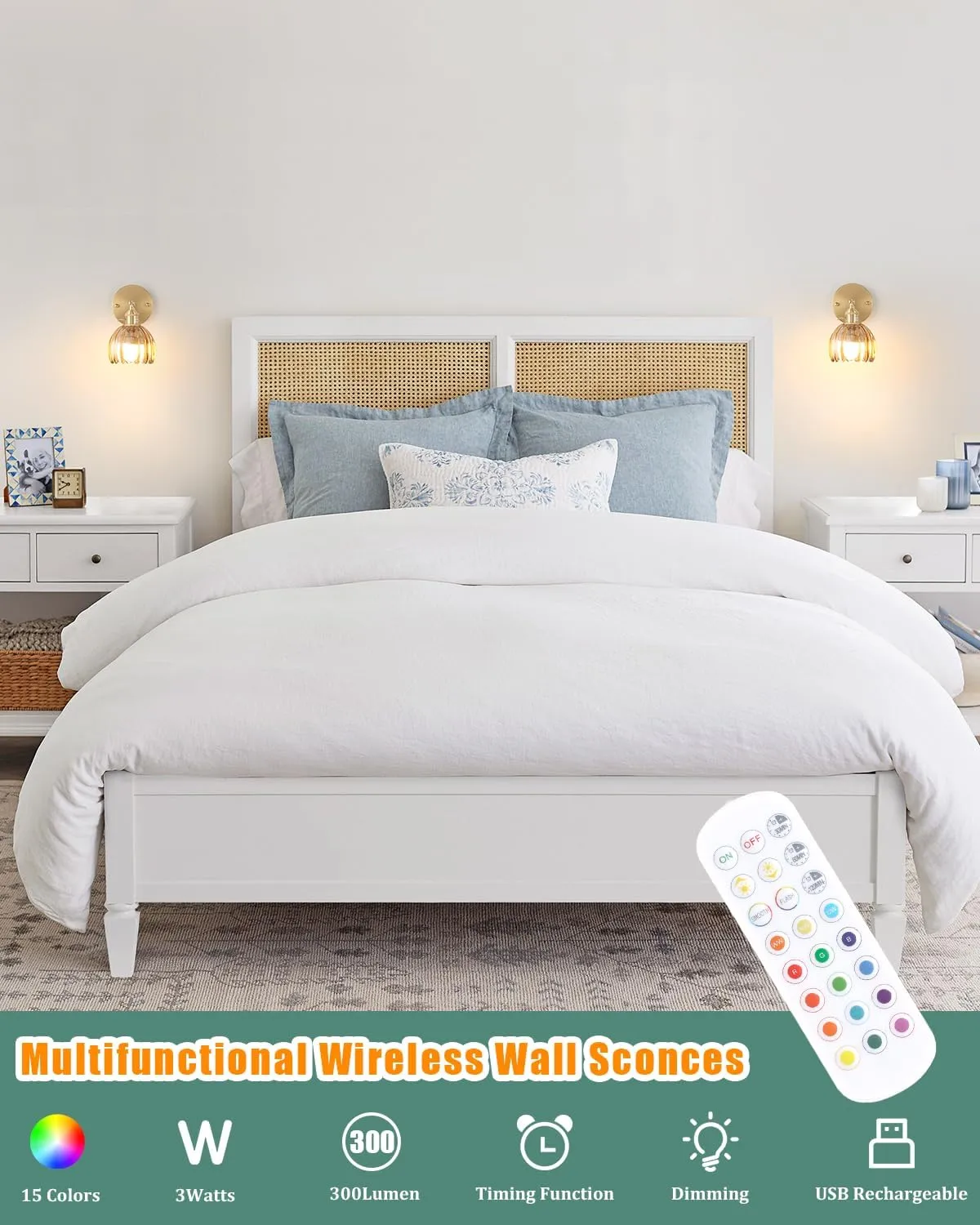 Vintage Battery Operated Wall Sconce with Amber Tulip Glass Lampshade Wireless Rechargeable Battery Powered Wall Light with Remote Control for Bedside Bedroom Doorway, Set of 2
