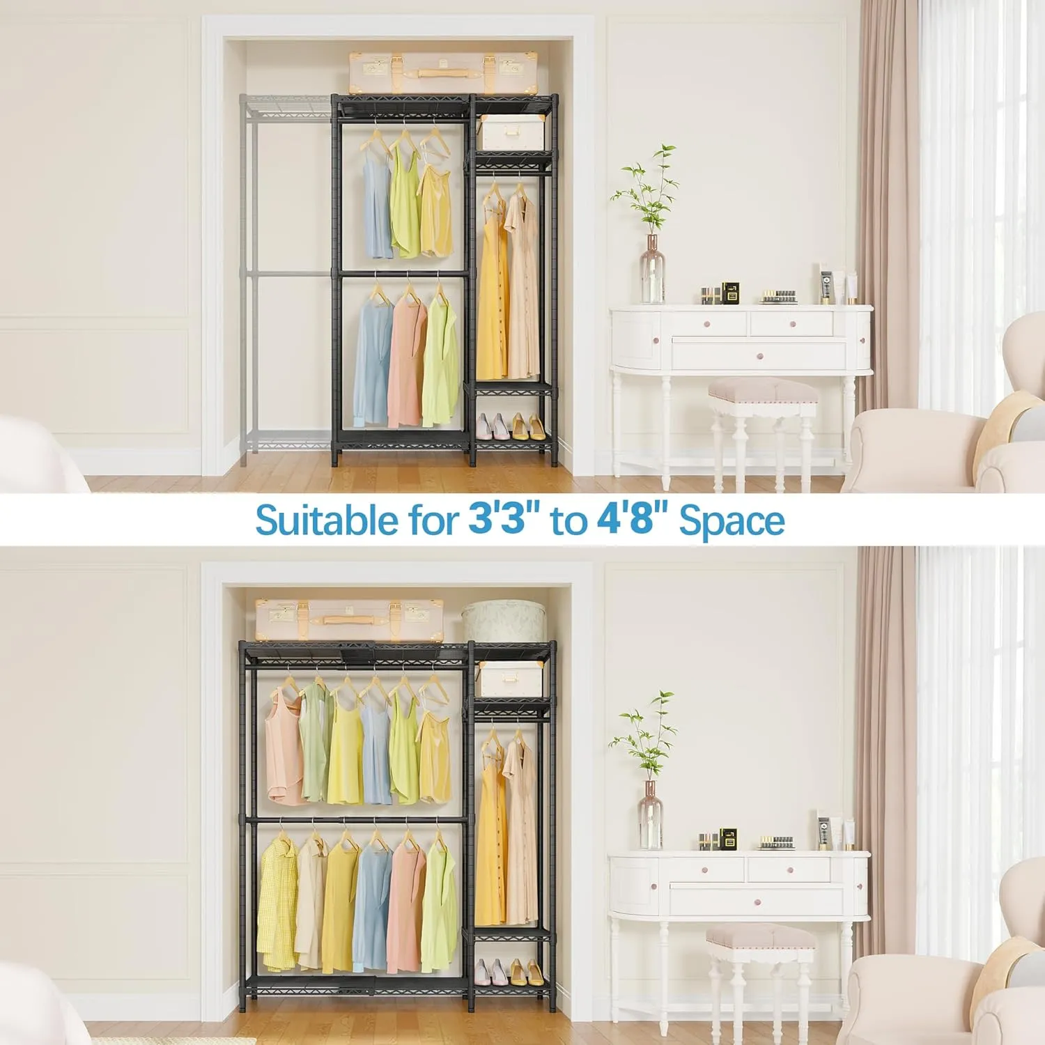 VIPEK X2 Expandable Clothing Rack Reach-in Closet Adjustable from 3'3" to 4'8" Heavy Duty Garment Racks with Adjustable Shelves and Hanger Rods Portable Wardrobe Open Walk-in Closet Rack System, Black