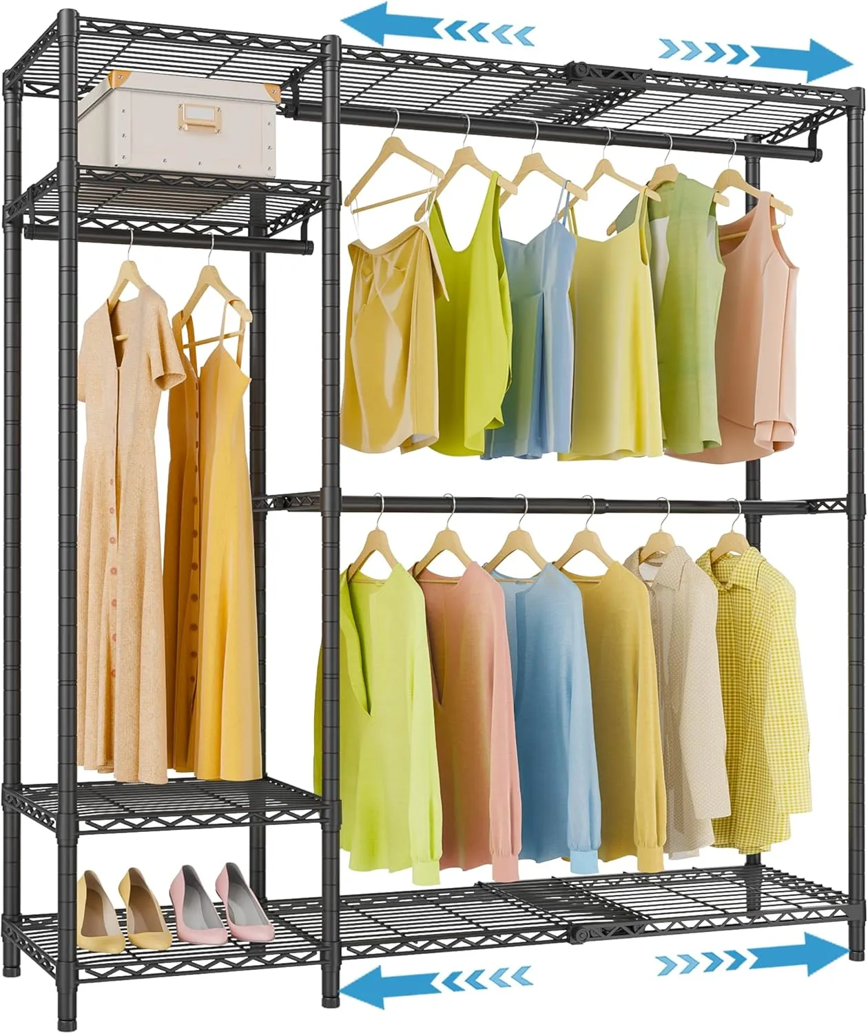 VIPEK X2 Expandable Clothing Rack Reach-in Closet Adjustable from 3'3" to 4'8" Heavy Duty Garment Racks with Adjustable Shelves and Hanger Rods Portable Wardrobe Open Walk-in Closet Rack System, Black
