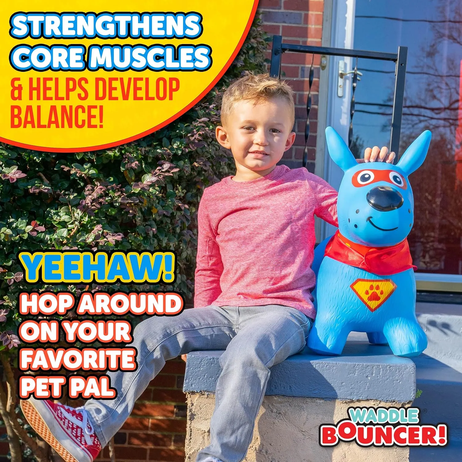 Waddle Bouncy Animal Hopper - Inflatable Hopping Animals, Indoors and Outdoors Fun, Pump Included, Riding Toys for Boys and Girls Ages 2 Years and Up, Blue Super Hero Dog